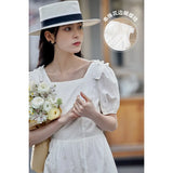 Summer Women's Dress Square Collar Kawaii Puff Sleeves Fashion Vestidos Dress Vintage Jacquard Elegant Dresses For