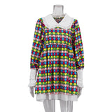 Zingj Spring New Dress Fashion Long Sleeve High Waist Print A-Line Skirt Doll Collar Fluffy Skirt-Outfit