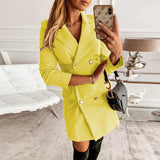 Long Sleeve Turn Down Collar Commute Slim Short Dress Women Solid V Neck Party Dress Sexy Double Button Office