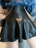 Spring Summer Short Black Soft Faux Leather Mini Puffy Skirt Women High Waist Zipper A Line Cute Kawaii Fashion