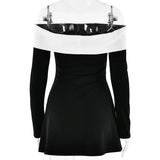 Off-Shoulder Color Block Long Sleeve Mini Dress-Outfit