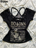 Fairy Cropped Letter Printing V Neck T Shirts + Stripe Grunge Tank Top Women 2024 Summer Y2k Two Pieces Set