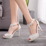 Fish Mouth Beads Waterproof Table High Heel Sandals Waterproof Table Sandals Fine Heel Lace Beaded Wedding