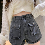 Korean Fashion Streetwear High Waisted Cotton Denim Shorts Women Summer A-Line Pockets Ladies Jean Short