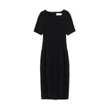 Women Elegant Midi Slim Solid Black Dress Office Lady Fashion Bodycon Puff Sleeve