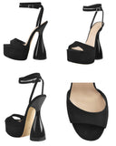 Onlymaker Women Peep Toe Sandals Black Flock Platform Ankle Strap High Heel Shoes Female Big Size Party Dress Sexy
