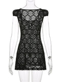 Women Lace Floral Short Mini Dress Vintage V-neck Buttons Up Slim Fit Summer Solid A-Line Dress Y2K Vestidos