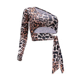 156 Spot 2025 New Leopard Print Crop Sexy Lace Slim Inclined Shoulder T-Shirt Top