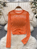Letter Beadings Women Blouse O Neck Long Sleeves 2023 Autumn Fashion Senior Streetwear Hotsweet T Shirt Sheer Y2K