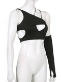Hollow Out Sexy Irregular Woman Tshirts With One Arm Gloves Slim Black Crop Tops For Women Summer Rave Club