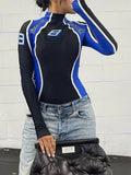 y2k Techwear Bodysuit Contrast Stitching Bodycon Jumpsuit for Women Casual Long Sleeve Streetwear Sexy Print Body