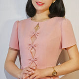 Design Elegant Vintage Dresses for Women Petal Sleeves O-neck Kawaii Bow Sweet Ladies Summer Retro Evening
