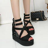 Version Of Women's High-Top Zipper Hollowed-Out Roman Sandals Muffin Thick Soles Raised Fish Mouth Slope Heels Large Size Of Women's