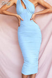 Quality Summer Bodycon Dress Women Party Dress 2023 Stretchy Mesh Blue One Shoulder Dress Elegant Sexy Club Night