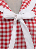 Vintage Scottish Plaid Party Dress Women Autumn Short Sleeve Bow Collar Belt Button A line Casual Swing Dresses