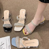 Large Size Thick Heel Medium Heel Two Wear Sandals Female 24 Years New High Heels Fashion Rhinestone Crystal One Word