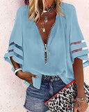 New V-Neck Zipper Shirt Half-Horn Sleeve Grid Spliced Loose Casual Shirt For