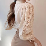 Flower Lace Blouse Women Korean Style Stand Collar Hollow Out Elegant White Shirt Spring Autumn Fashion Ladies