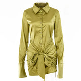 MO Fashion Long Sleeve Bandage Satin Mini Dresses Women's Autumn Turn Down Collar Sexy Party Dress Femme Evening