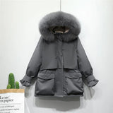 Winter Jacket Women Large Natural Fox Fur White Duck Down Coat Thick Parkas Warm Sash Tie Up Zipper Down Snow