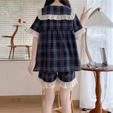 Sets Women Comfortable Fashion Plaid Sweet Cute Casual Lounge Homewear Korean Fashion Summer Girls Clothing Simple