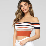 And Summer Explosion Of Women's Stripes Lace Bare Back Shoulder Leakage Collarbone Short T-Shirt Women's