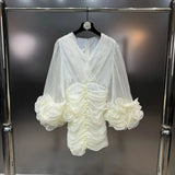2025 Spring New Temperament Style Fashion Big V Collar Three-Dimensional Flowers Folded Ass Hips Short Dress