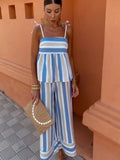 Women Fashion Striped Print Wide Leg Pants Suit Elegant Sleeveless Lace Up Ruffles Hem Top Sets Summer Lady Casual Outifits
