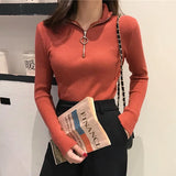 Knitted Women Zipper High Neck Sweater Pullovers Turtleneck Autumn Winter Basic Women Sweaters Slim Fit Black Pull