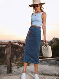 Side Slit Buttoned Denim Midi Skir- Outfit