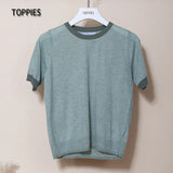 Summer Knitted T-shirts Women Short Sleeve Tops Tee Contrast Color Slim T-shirts O-neck
