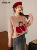 Women's Pink Cherry Sweater 2022 Autumn Winter Korean Color Contrast O-Neck Sweet Soft Warm Wool Knitted Tops