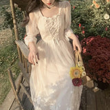 Spring Lace Sweet Elegant Dress Women Evening Party One Piece Dress Korean Kawaii Short Sleeve Dress Female Square