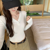 Designers Are Impressed By The Beauty Of V-Neckline Slim Button Long-Sleeved T-Shirt Women's New Sweet And Spicy T-Shirt In Early