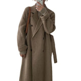 Chic Autumn And Winter Simple Temperament Collar Double Buckle Strap Loose Long-Term Warm Coat