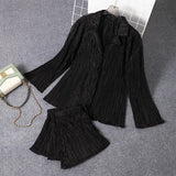 Women's Shirt Pleated Two Piece Set Loose High Waist Wide Leg Pants Suit 2022 Casual Elegant Office Ladies Female
