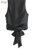 Black Crop Top Women Satin Backless Top Female Y2k Streetwear Sexy Tops Woman Fashion Tied Sleeveless Tank Tops For