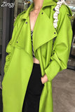 Spring Autumn Long Oversized Bright Green Faux Leather Trench Coat for Women Belt Loose Stylish Luxury Designer