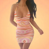 V Neck Sexy Bodycon Halter Tank Dress Woman Printed Lace Up Sleeveless Backless Mini Dresses Ladies Fashion