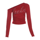 Winter Fashion Trend Women's New Personality Hottie Slant Shoulder Repair Letter Hot Umbilical Umbilical Clad