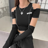 Zingj Women's Wear 2024 Autumn And Winter New Fashion Logo Slim Round Collar Off-The-Shoulder Short T-Shirt Women-Outfit