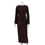 Zingj Women's Fall 2023 New Round Collar With Horn Long Sleeves Long Pleated Dress-Outfit