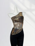 Zingj Single With Breast Hot Girl Top Summer Irregular Design Sense Small Open Fork Mesh Gauze Inclined Shoulder