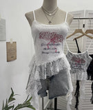 Real Shooting 2025 Summer New Women's Fashionable Lace Letter Print Sling Vest Ribbon Ribbon Ribbon Sleeveless Top
