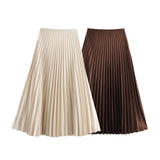 New Folding Solid Color Mid-Rise Mid-Swaist Mid-Summer Skirt Skirt