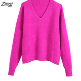 Women Simply V Neck Soft Touch Casual Purple Knitting Sweater Female Chic Basic Long Sleeve Pullovers Brand Tops