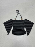 New Retro Stripe Shoulder Horn Sleeve T-Shirt Hottie Beaded Neck Small Repair
