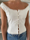 Zingj Off Shoulder Low Cut O-neck Tank Tops Elegant Women Buttons Up Lace Patchwork White Solid Sleeveless Vest Streetwear 211-1-Outfit