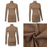 Ribbed Knit Turtleneck Long Sleeve Winter Runched Dresses For Women 2022 Autumn Bodycon Lady Short Black Sheath Mini