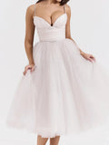 Sweetheart Neckline Strap Tulle Frill Midi Dress- Outfit